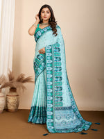 Cyan Muslin Cotton Designer Digital Printed Ethnic Ceremonial Saree