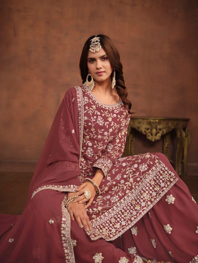 Dark-Crimson Salwar Kameez With Thread Emboirdered Work