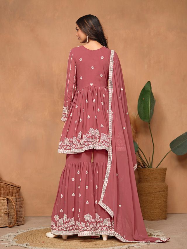 Dark-Rose Salwar Kameez With Thread Emboirdered Work
