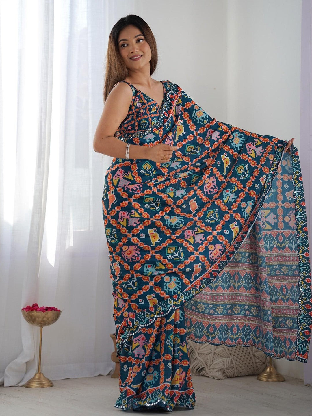 Dark Blue Georgette Saree With Digital Print And Mirror Work