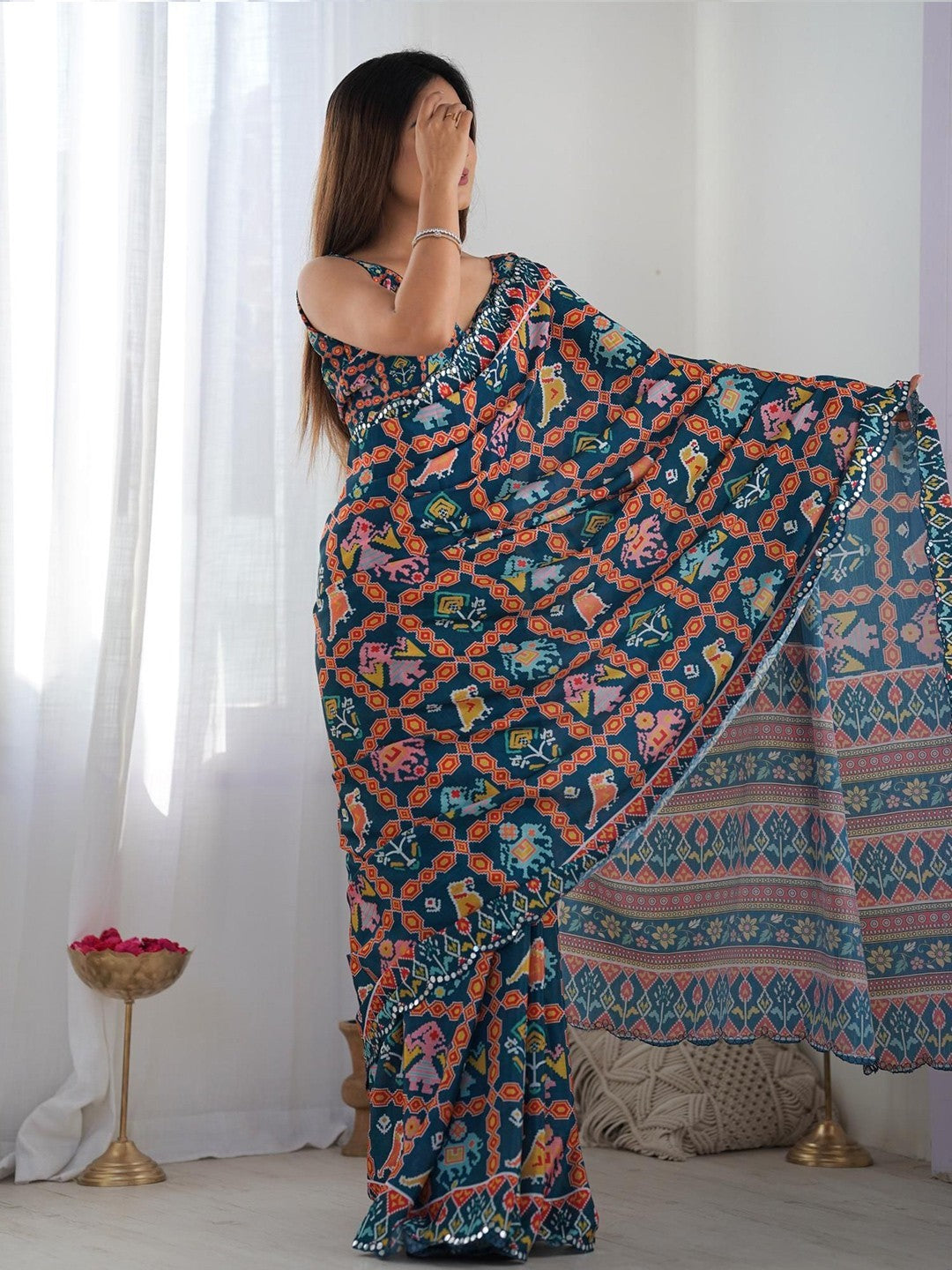 Dark Blue Georgette Saree With Digital Print And Mirror Work