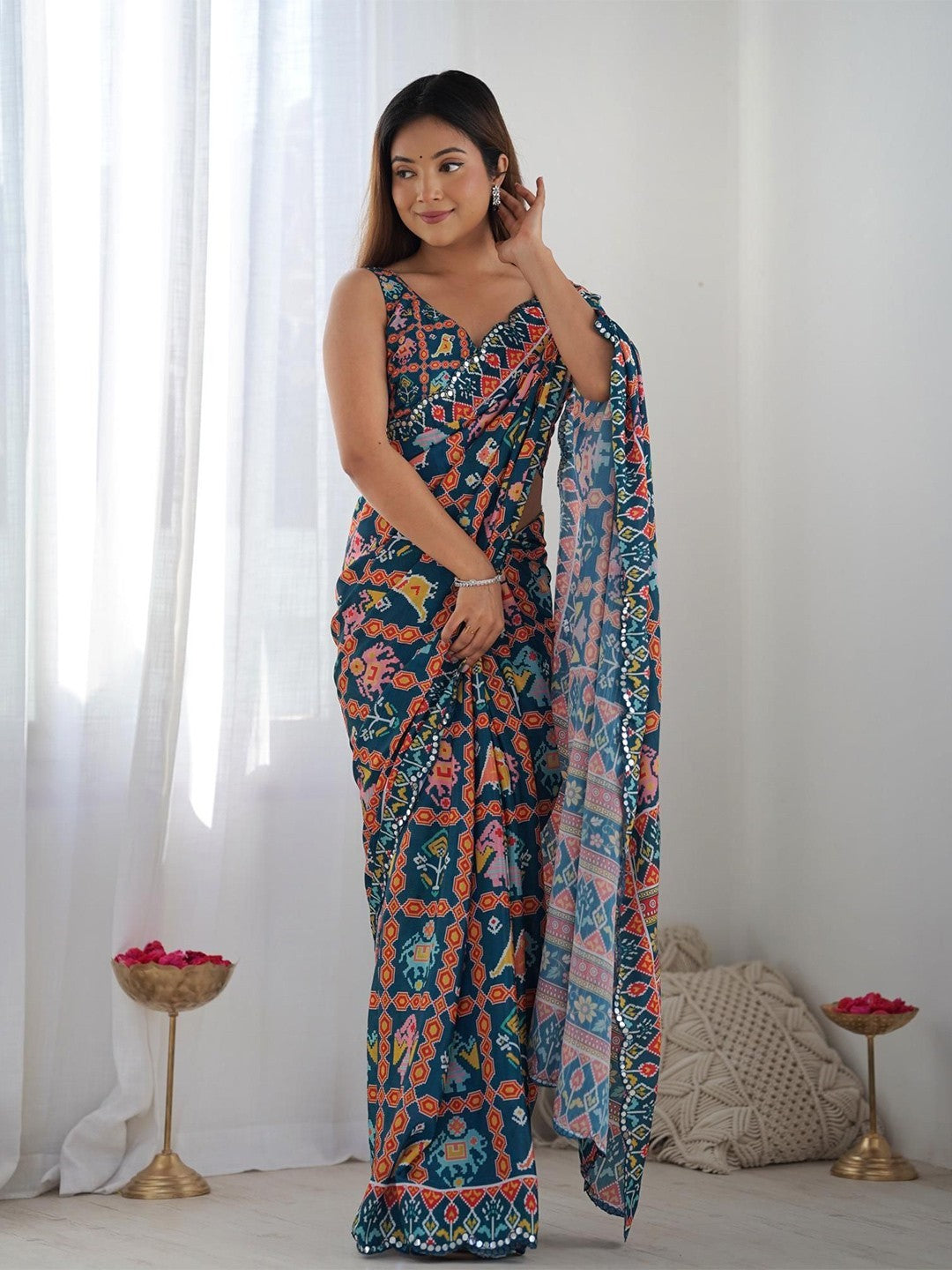 Dark Blue Georgette Saree With Digital Print And Mirror Work
