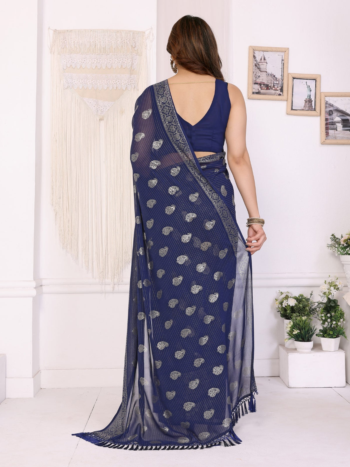 Dark Blue Georgette Saree With Foil Work And Designer Lace Border