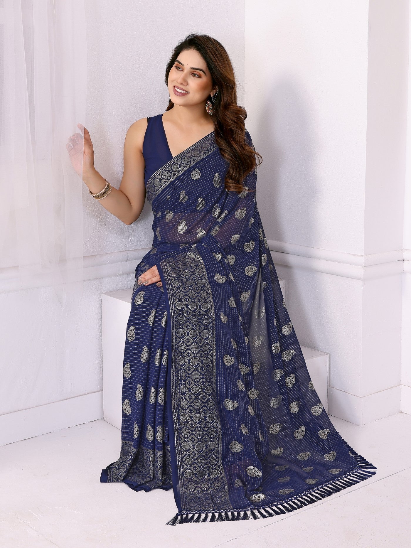 Dark Blue Georgette Saree With Foil Work And Designer Lace Border