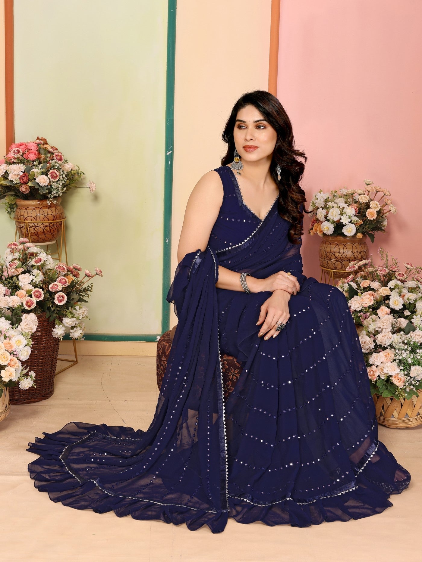 Dark Blue Georgette Saree With Ruffle Saree With Mirror Work With Mirror Work Blouse