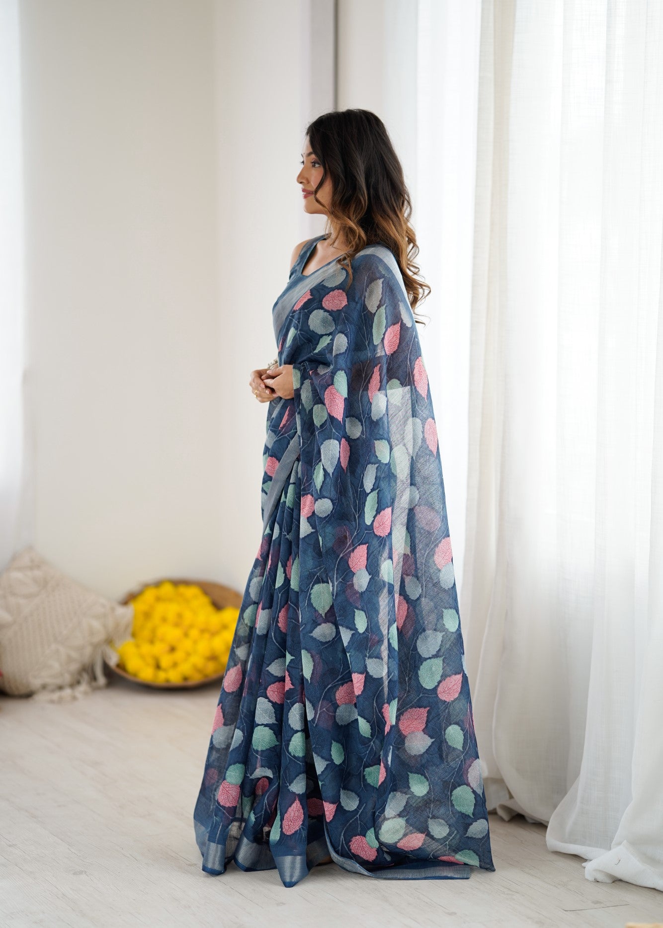 Dark Blue Linen Patta Saree With Printed Design