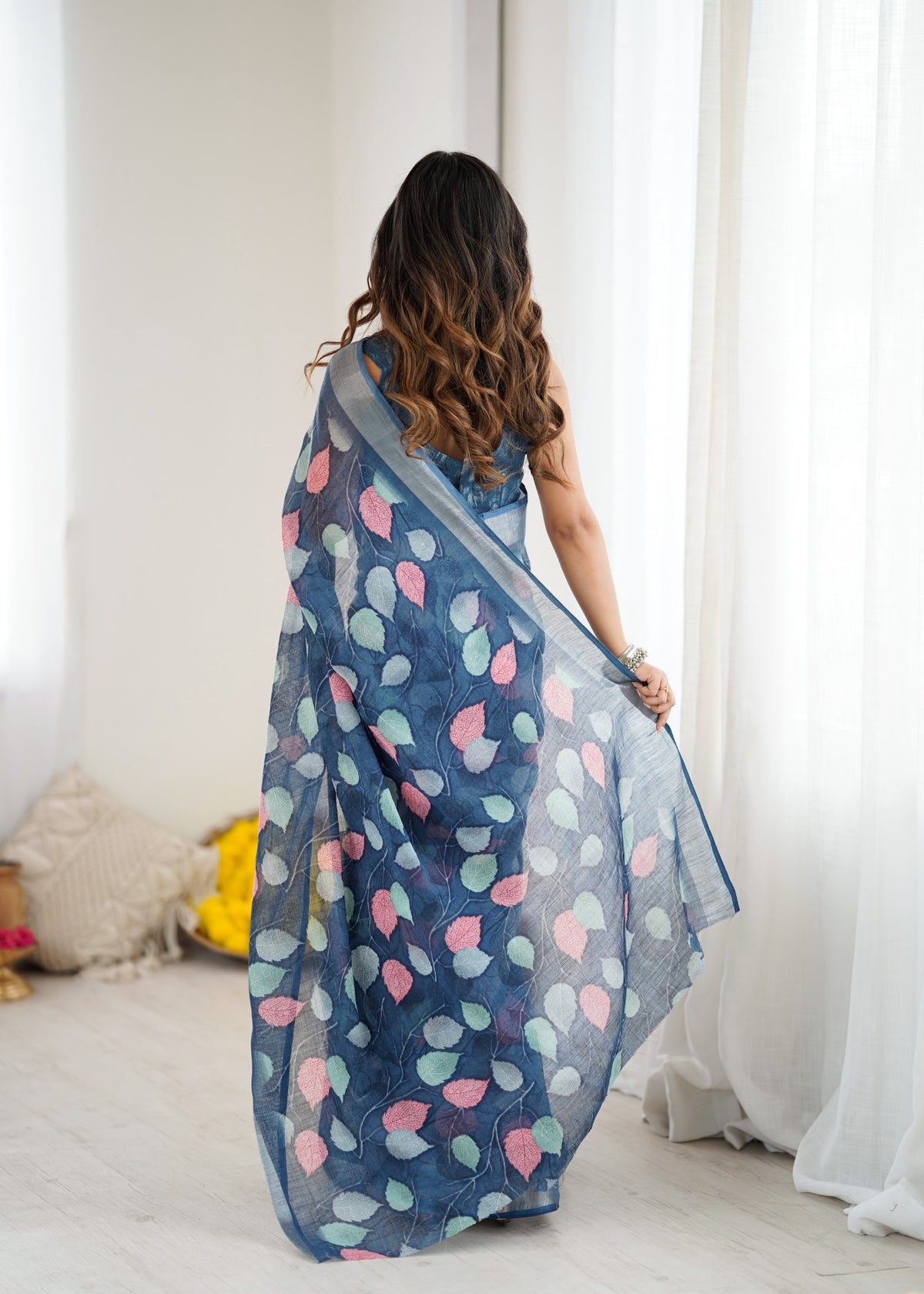 Dark Blue Linen Patta Saree With Printed Design