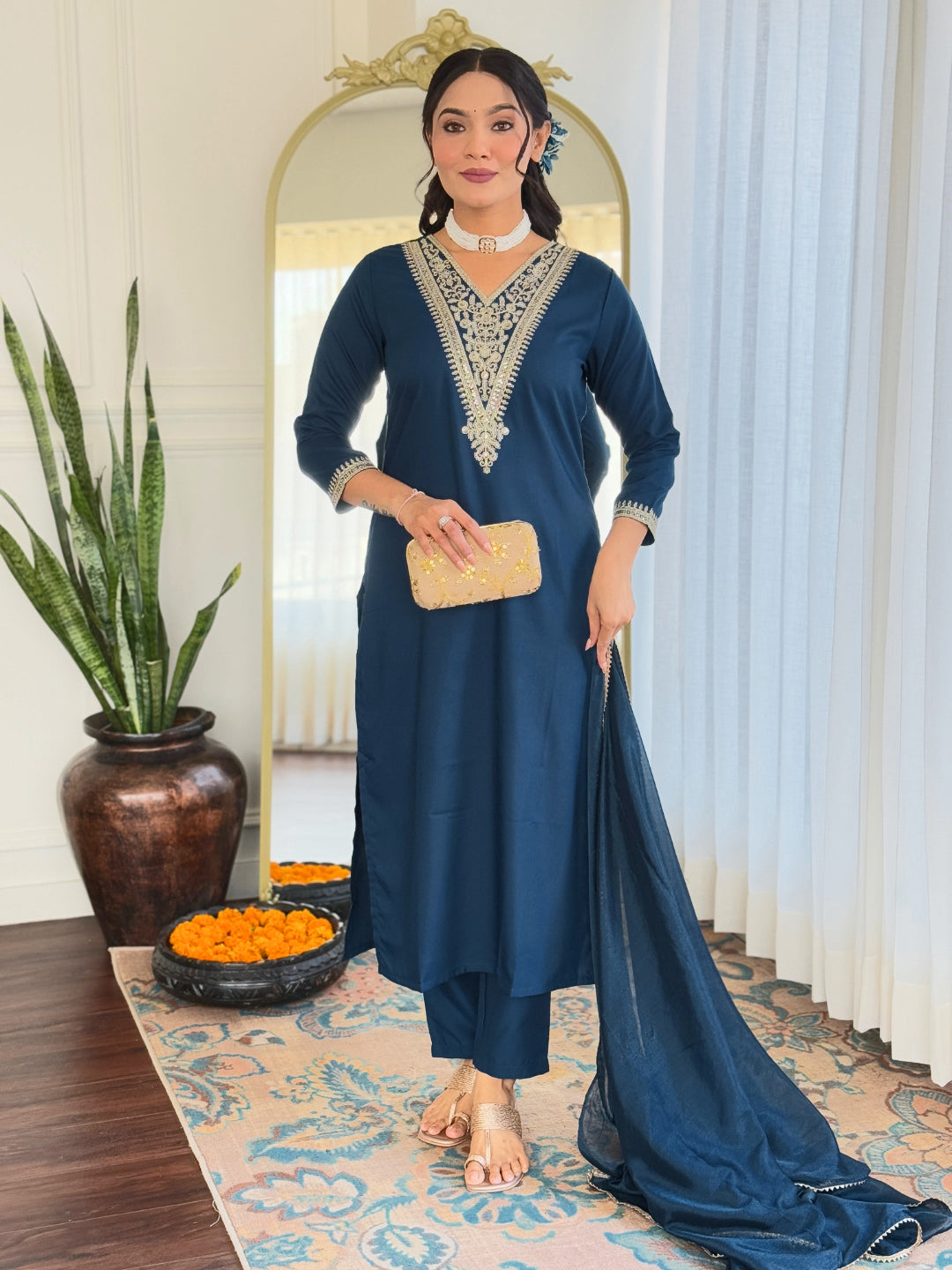 Dark Blue Rayon Elegant Kurta Pant Set With Embroidery Work