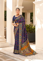 Dark Blue Velvet Tussar Silk Woven Designer With Floral Printed Ethnic Wedding Wear Saree