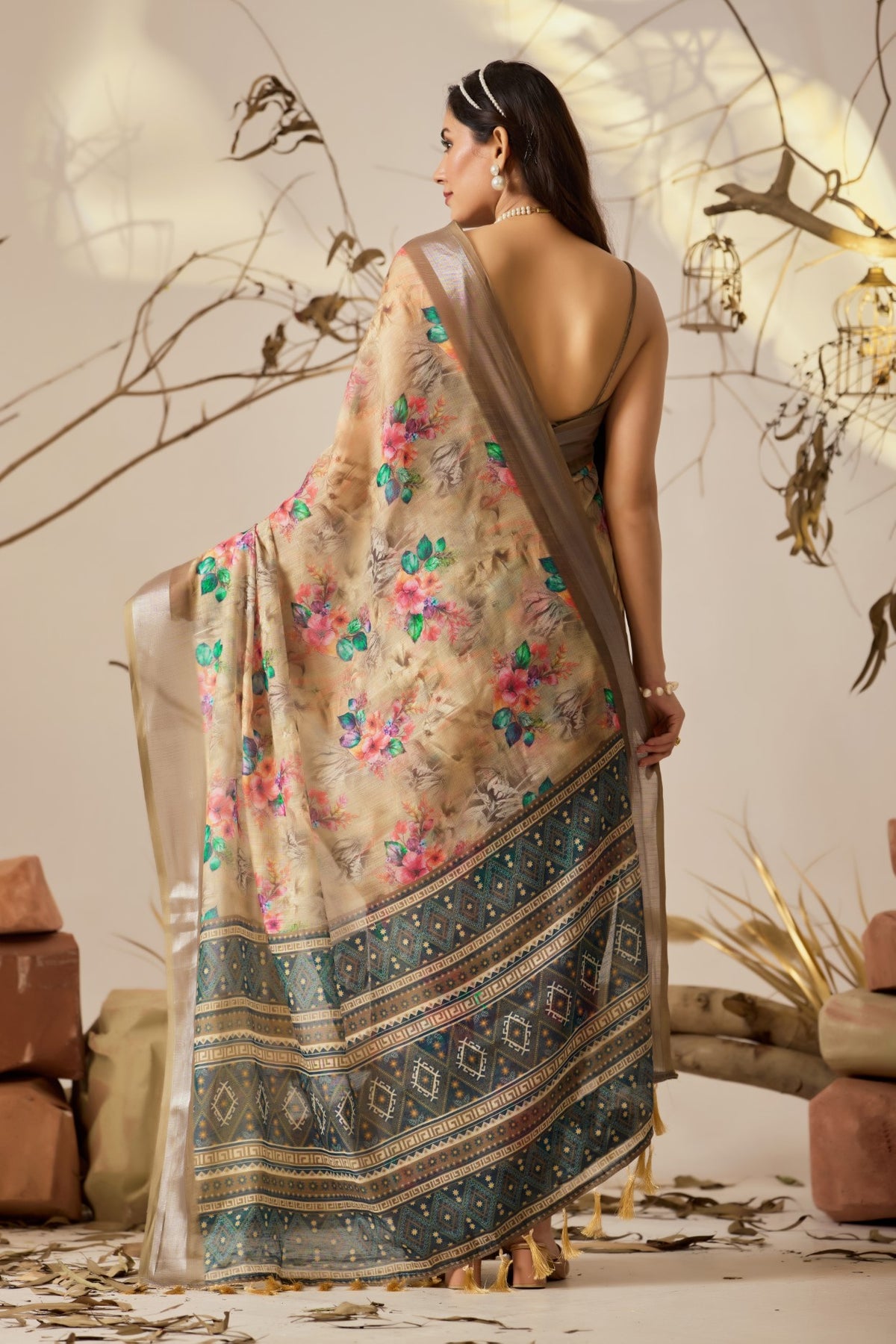 Dark Cream Linen Cotton Saree with Digital Print