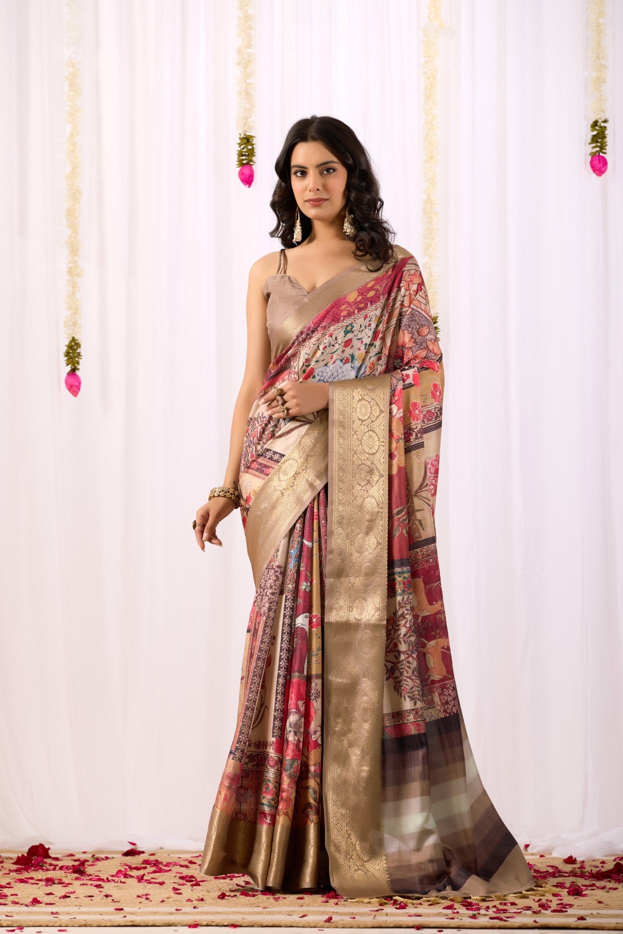 Dark Cream Soft Lichi Silk Saree With Digital Printed Elegant Classic Saree