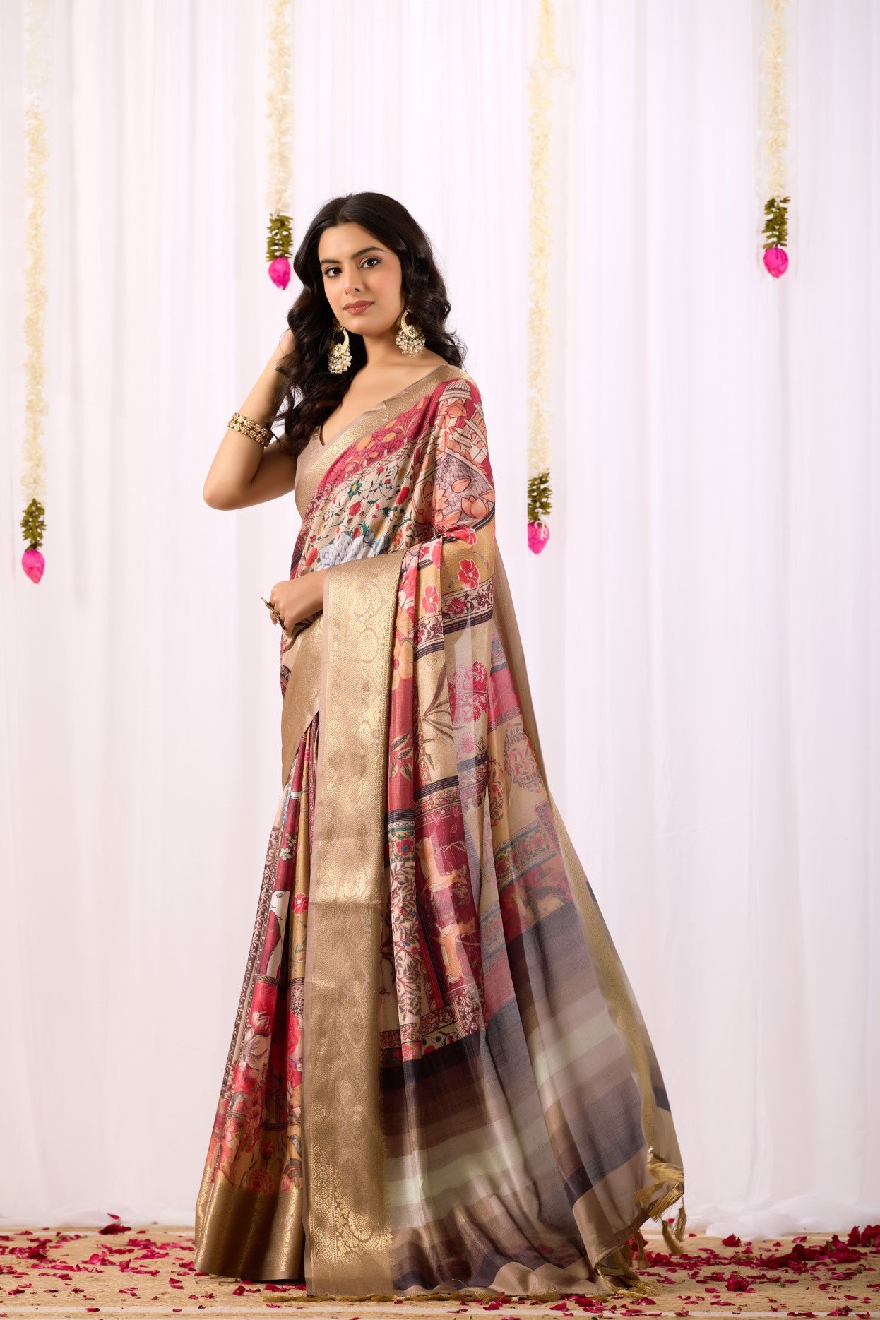 Dark Cream Soft Lichi Silk Saree With Digital Printed Elegant Classic Saree