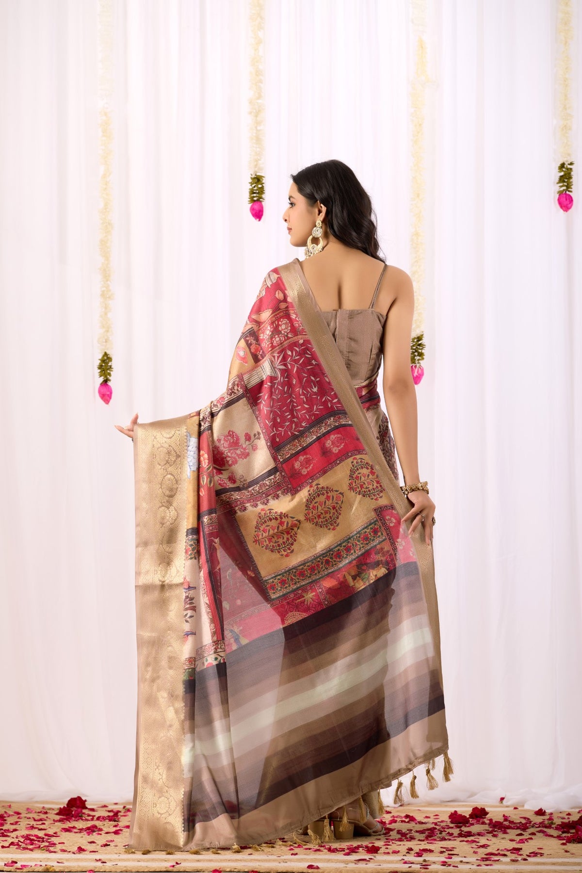 Dark Cream Soft Lichi Silk Saree With Digital Printed Elegant Classic Saree