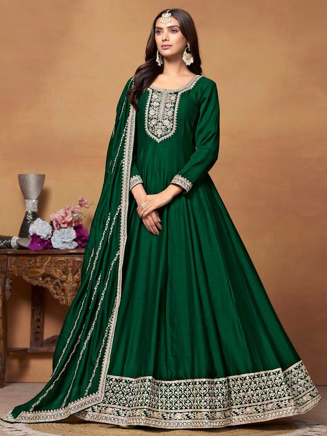 Dark Green Anarkali Suit With Heavy Thread Embroidery With Sequis Work