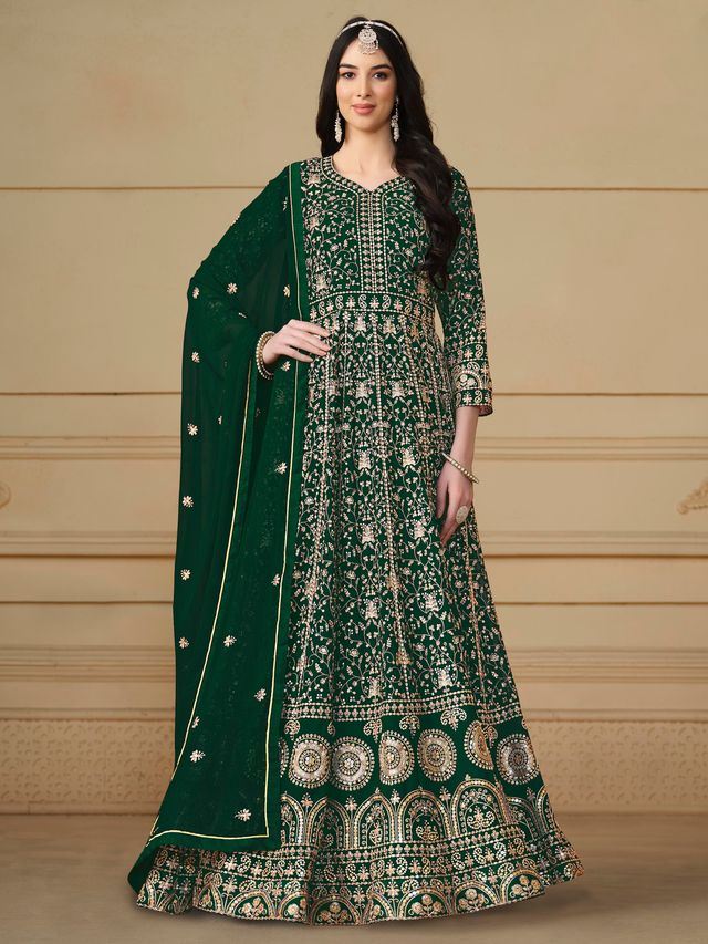 Dark Green Anarkali Suit With Heavy Thread Embroidery With Sequis Work