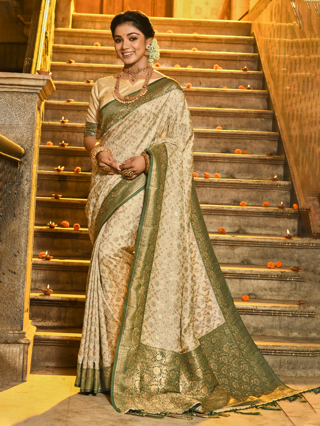 Dark Green Banarasi Silk Saree With Woven Jacquard Designer Ceremonial Saree