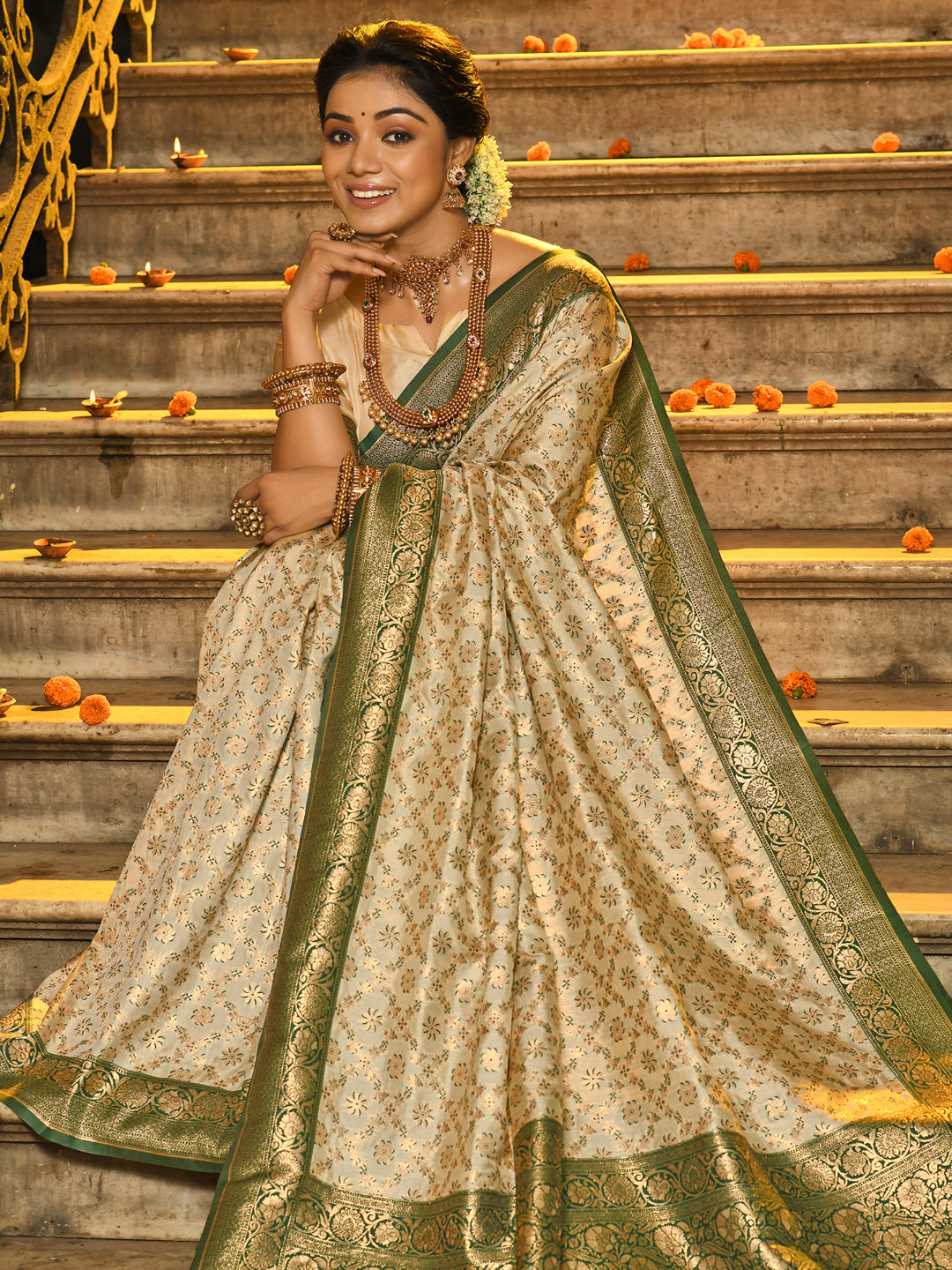 Dark Green Banarasi Silk Saree With Woven Jacquard Designer Ceremonial Saree