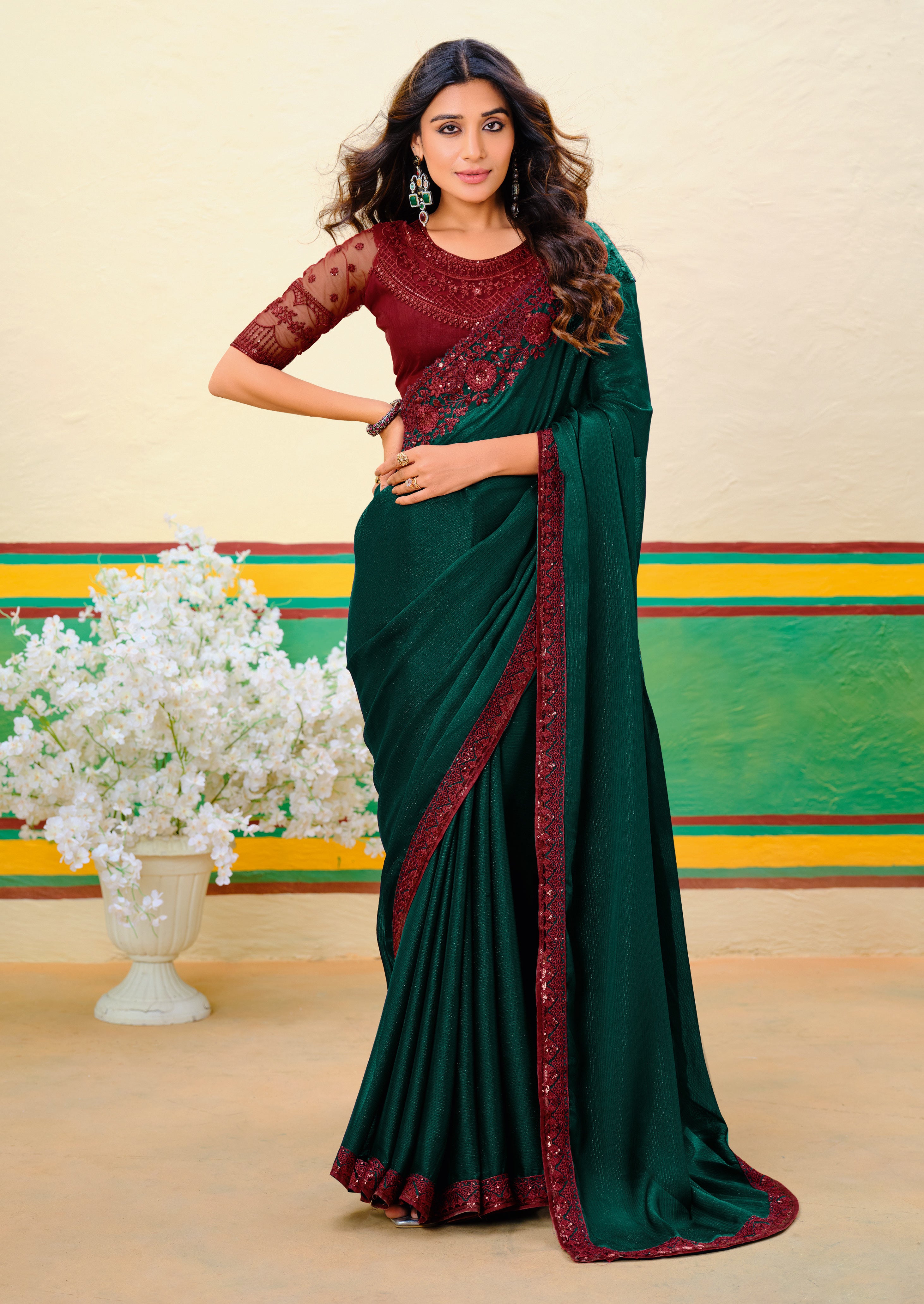 Dark Green Beautiful Embroidered Heavy Partywear Saree
