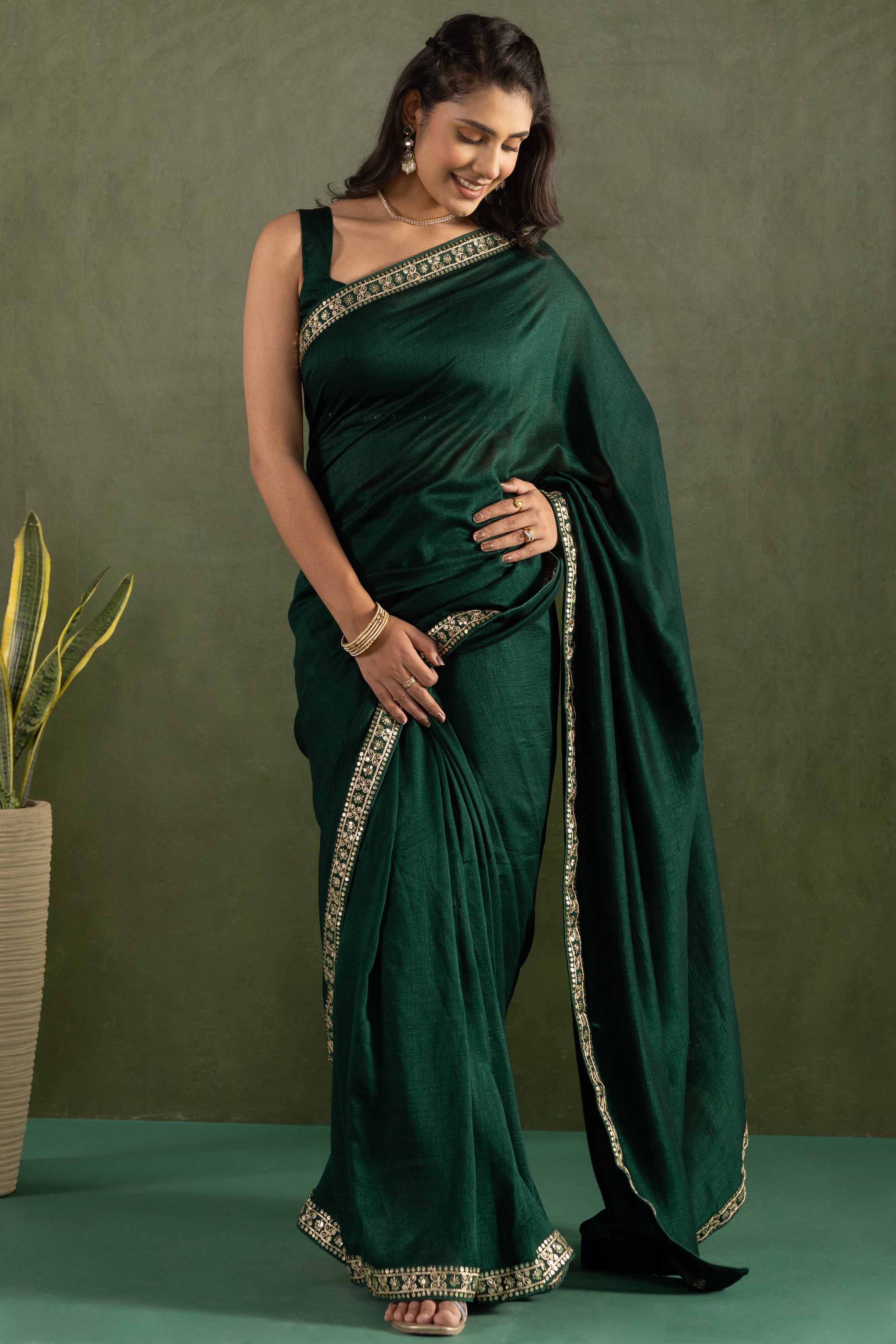 Dark Green Chiffon Ready To Wear Designer Solid Partywear Saree