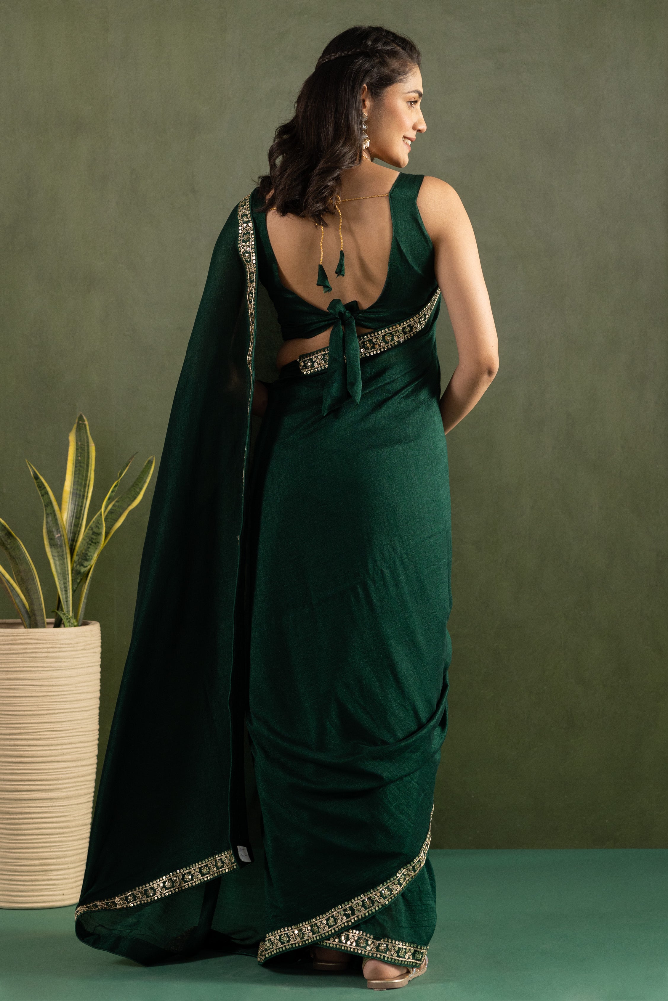 Dark Green Chiffon Ready To Wear Designer Solid Partywear Saree