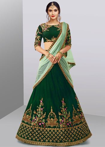 Dark Green Embroidered Taffeta Silk Bridal Lehenga Choli