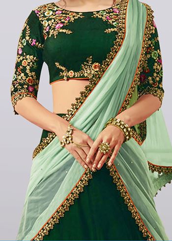 Dark Green Embroidered Taffeta Silk Bridal Lehenga Choli