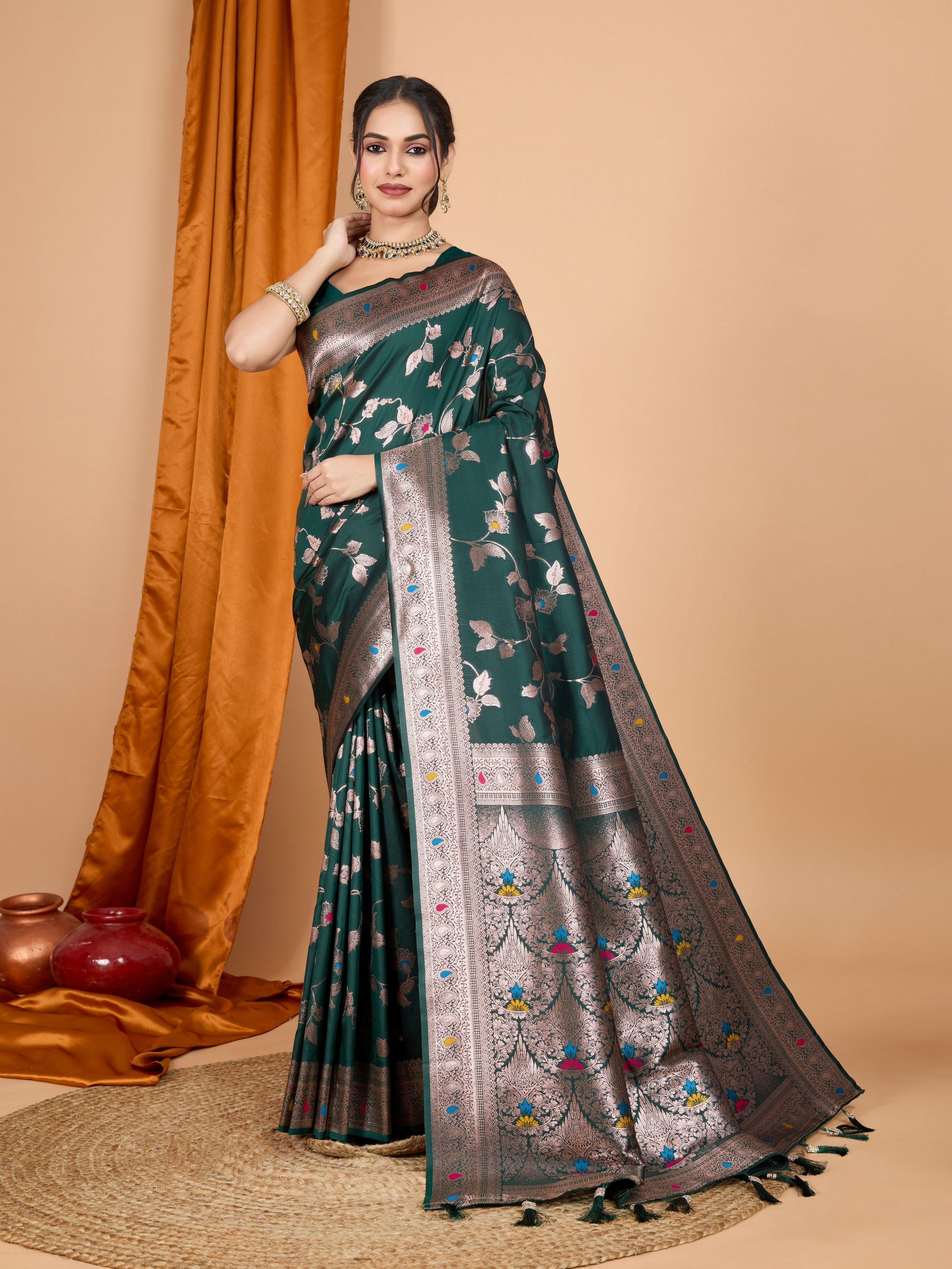 Dark Green Ethnic Banarasi Silk Saree With Woven Jari Designer Work