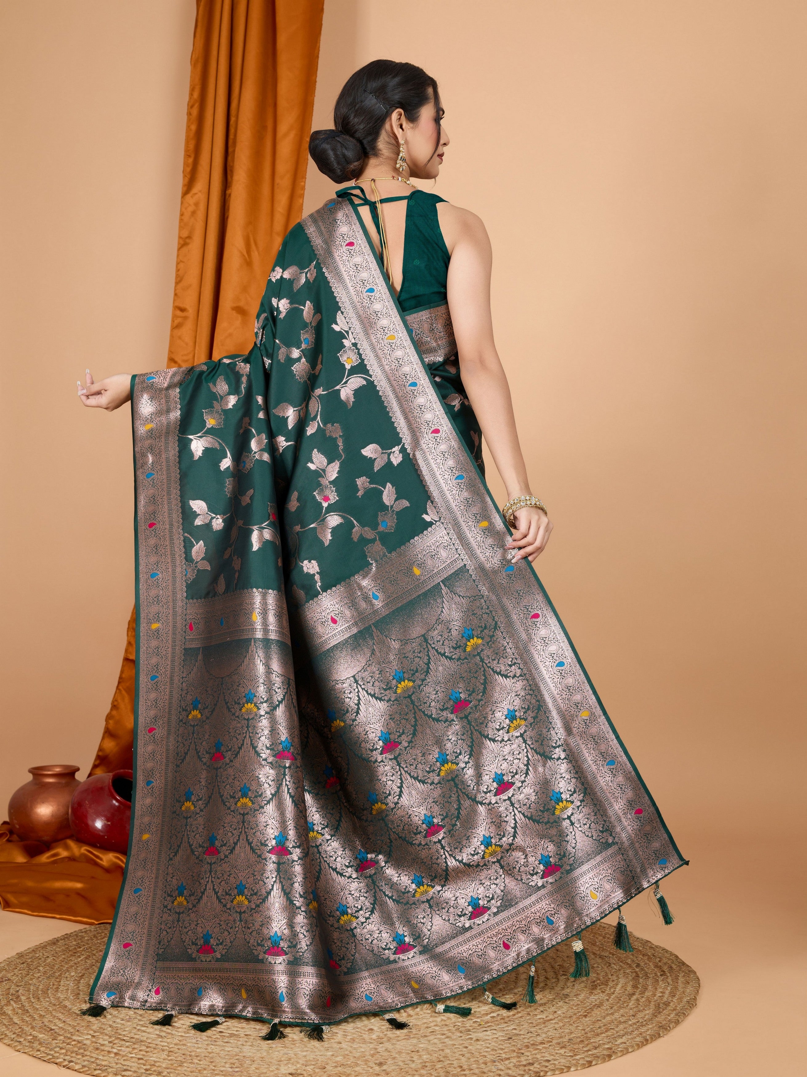 Dark Green Ethnic Banarasi Silk Saree With Woven Jari Designer Work