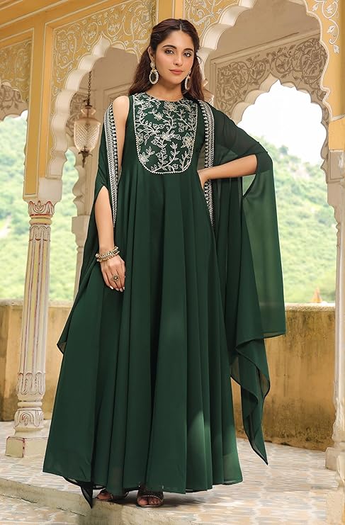 Dark Green Georgette Anarkali Dress With Jacket And Heavy Thread Embroidered Work