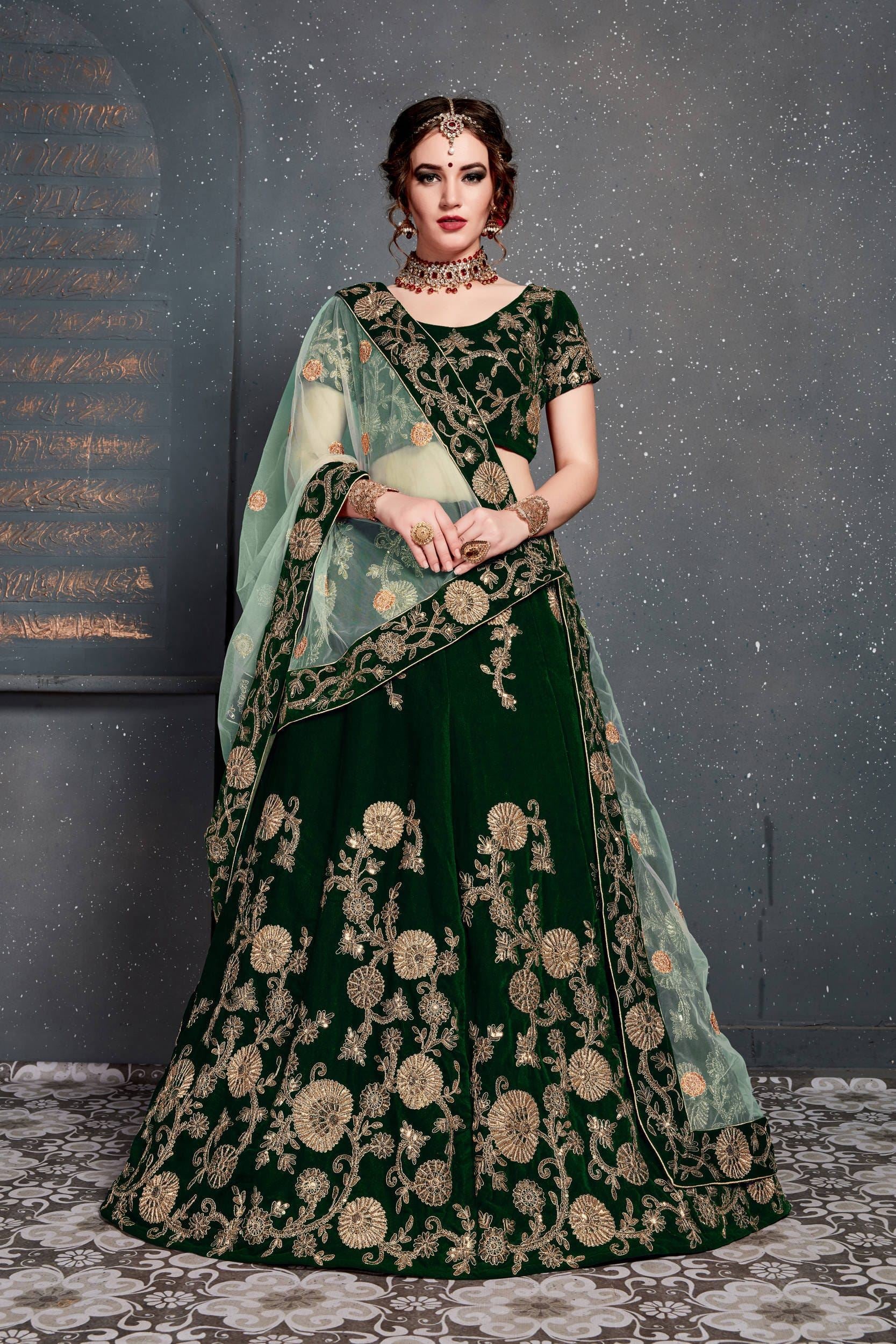 Dark Green Lehenga Choli With Dori, Zari And Sequins Embroidery Work