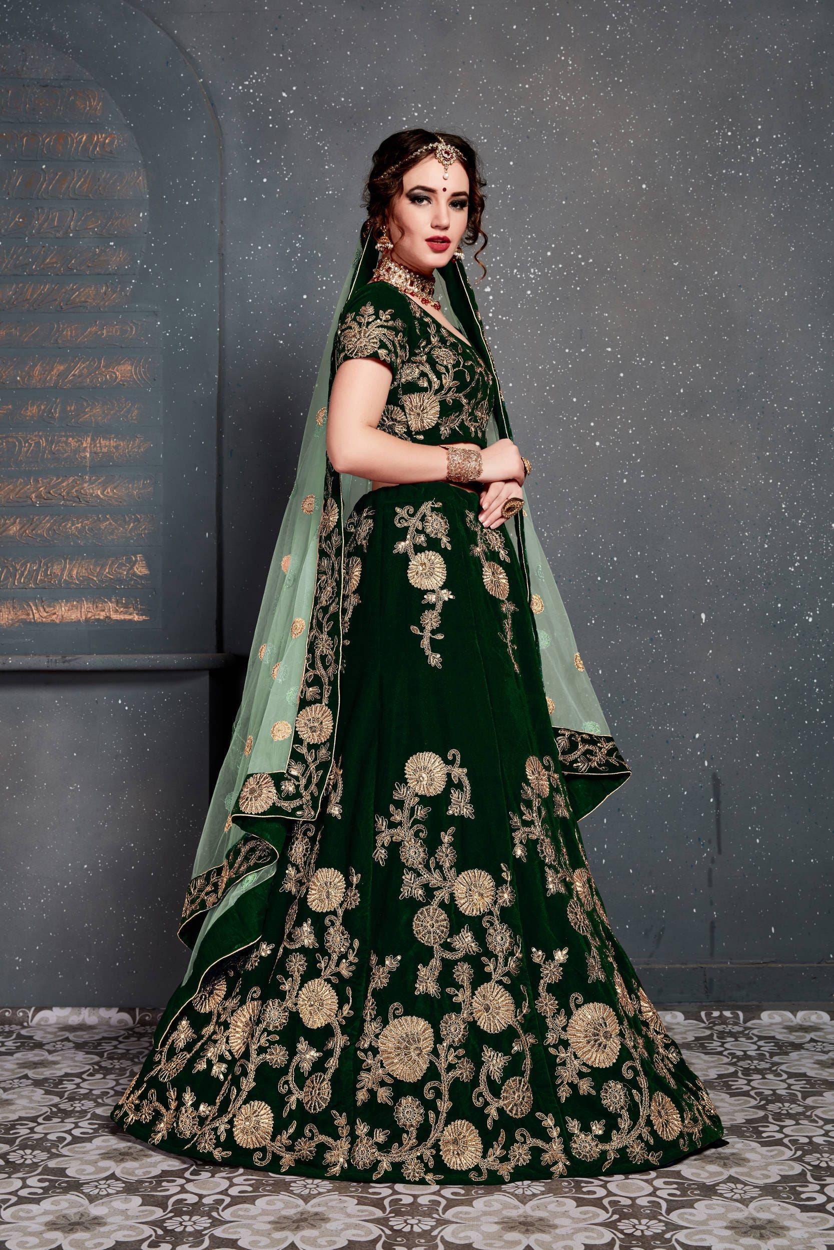Dark Green Lehenga Choli With Dori, Zari And Sequins Embroidery Work