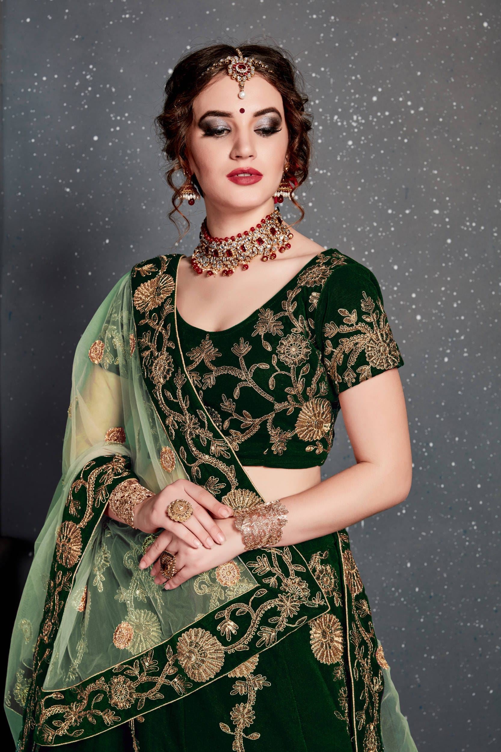 Dark Green Lehenga Choli With Dori, Zari And Sequins Embroidery Work