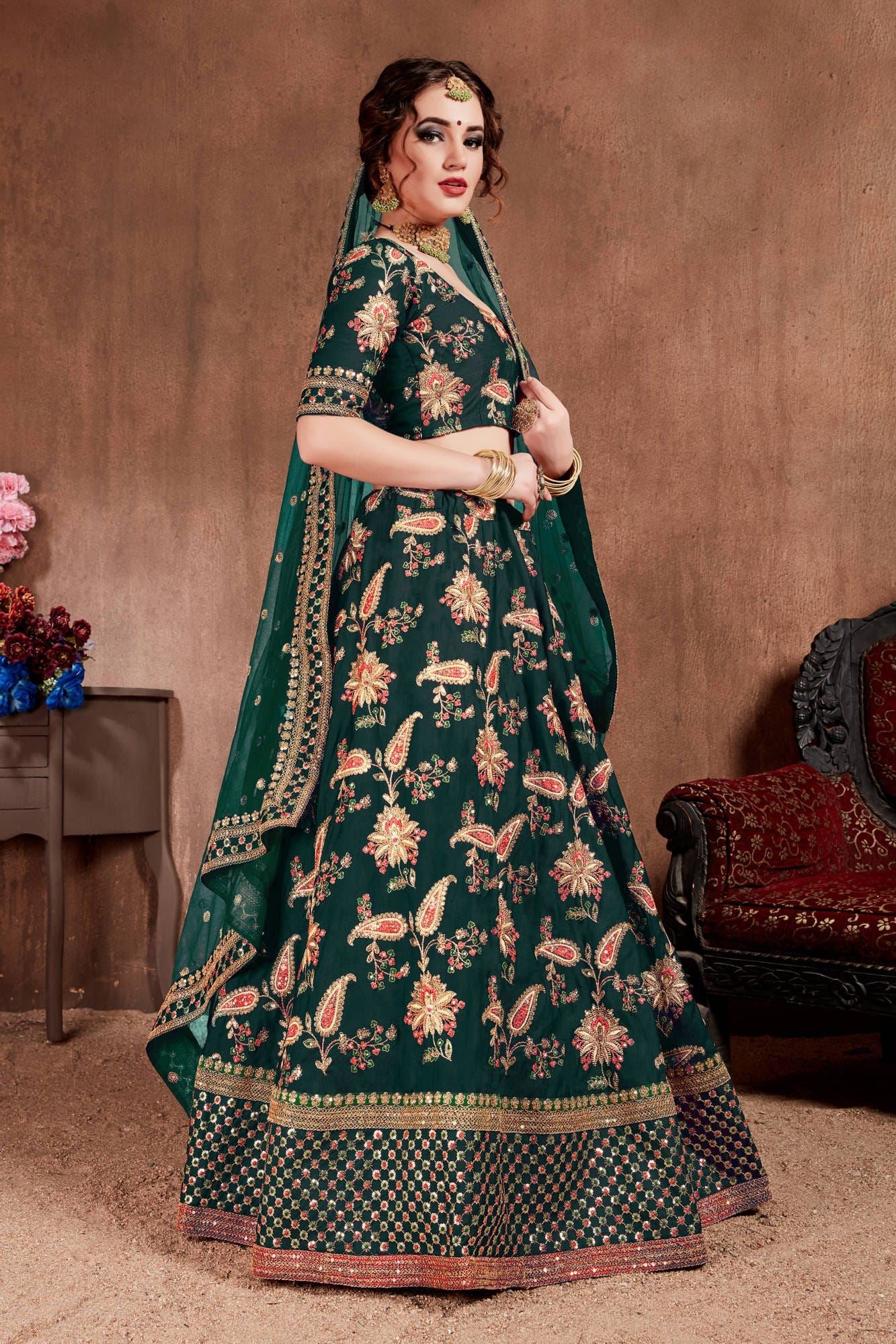 Dark Green Lehenga Choli With Thread, Dori, Zari, Sequins Embroidery Work