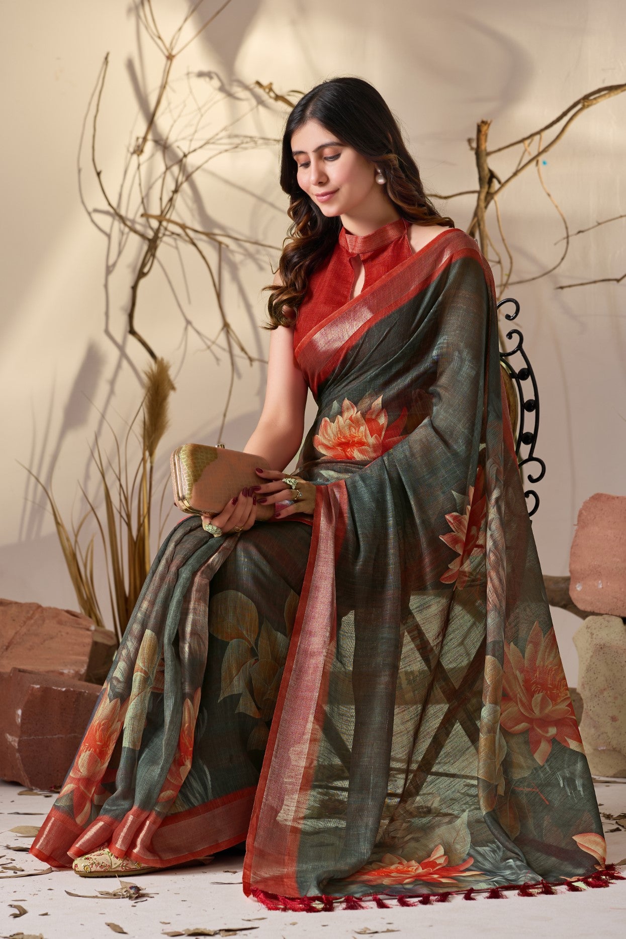 Dark Green Linen Cotton Saree With Digital Printed Elegant Traditional Saree