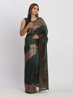 Dark Green Linen Cotton Woven Galla Designer Traditional Partywear Saree