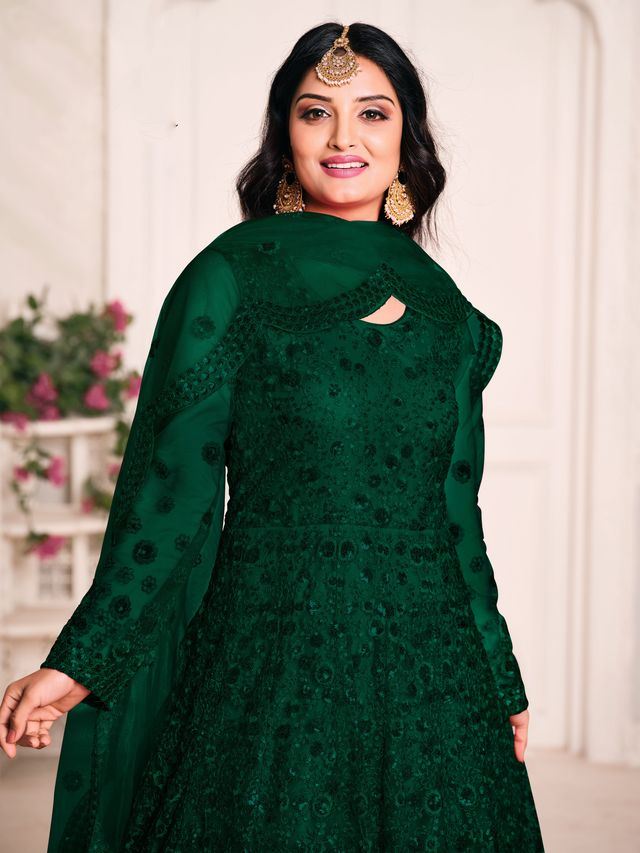 Dark Green Net Heavy Thread Embroidery And Sequence Work  Anarkali Suits