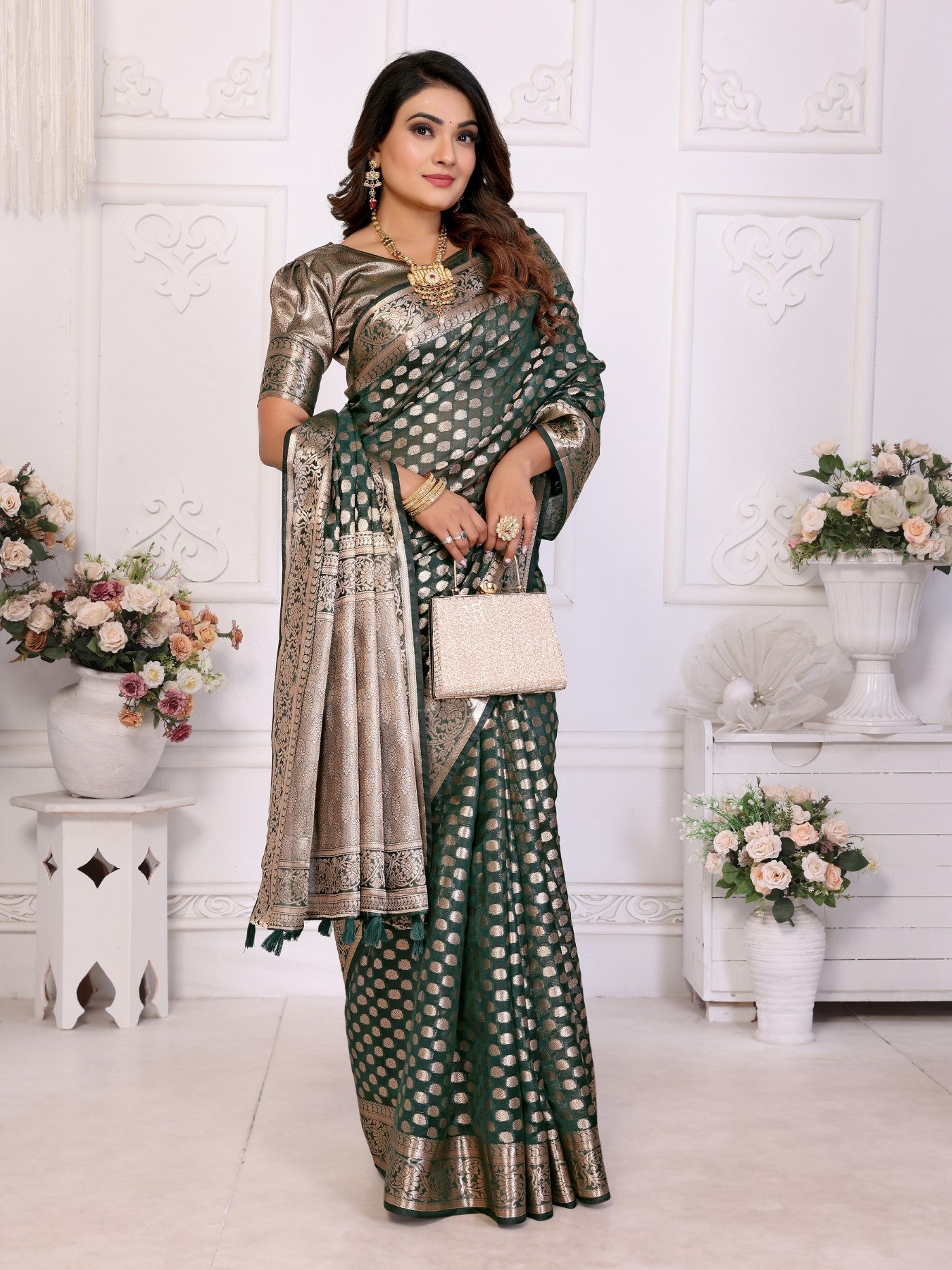 Dark Green Organza Silk Saree With Classic Weaving