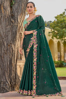 Dark Green Organza Silk Saree With  Heavy Thread Embroidery With Sequins Work