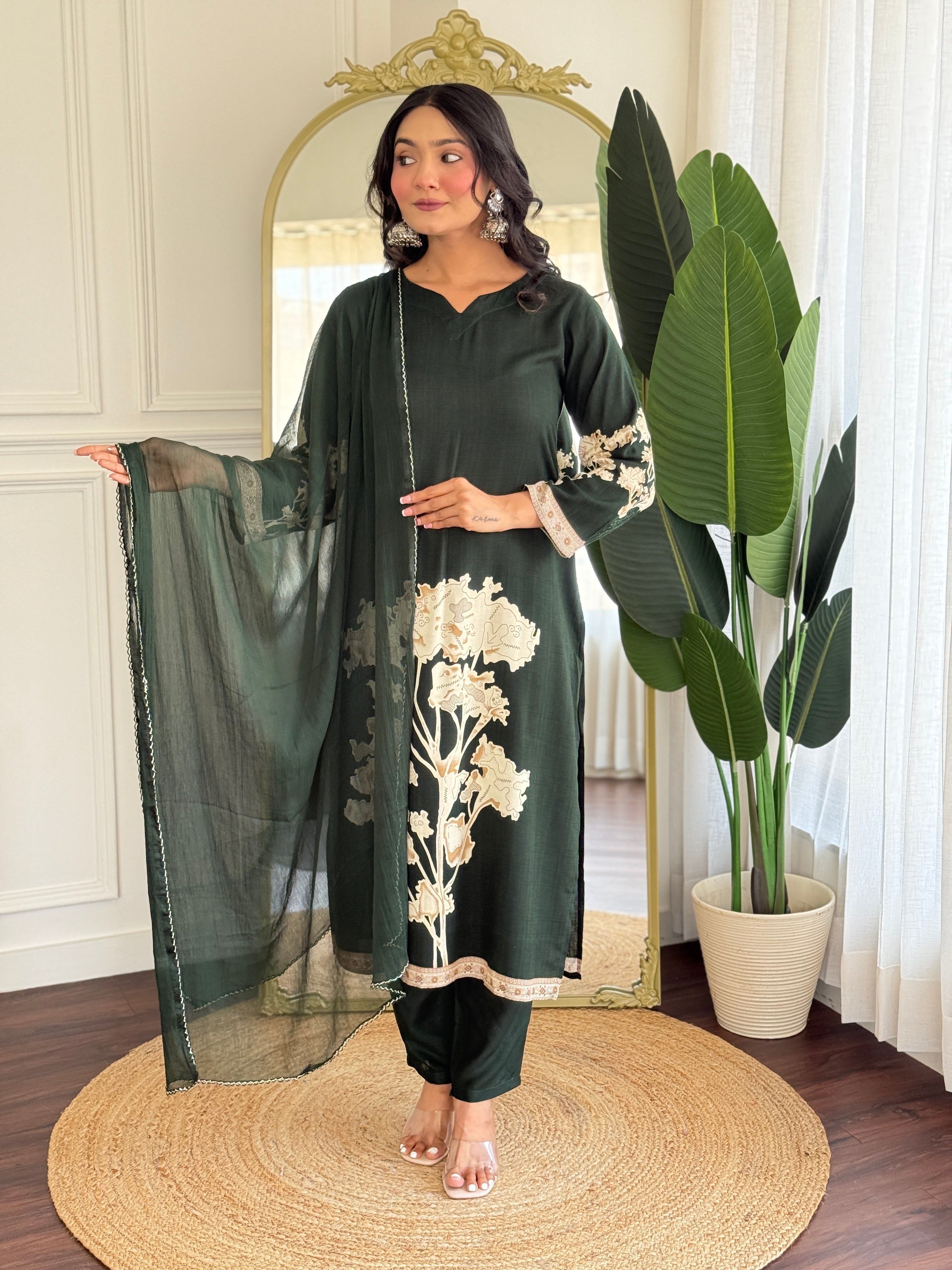 Dark Green Pure Viscose Rayon Kurta Pant with Printed