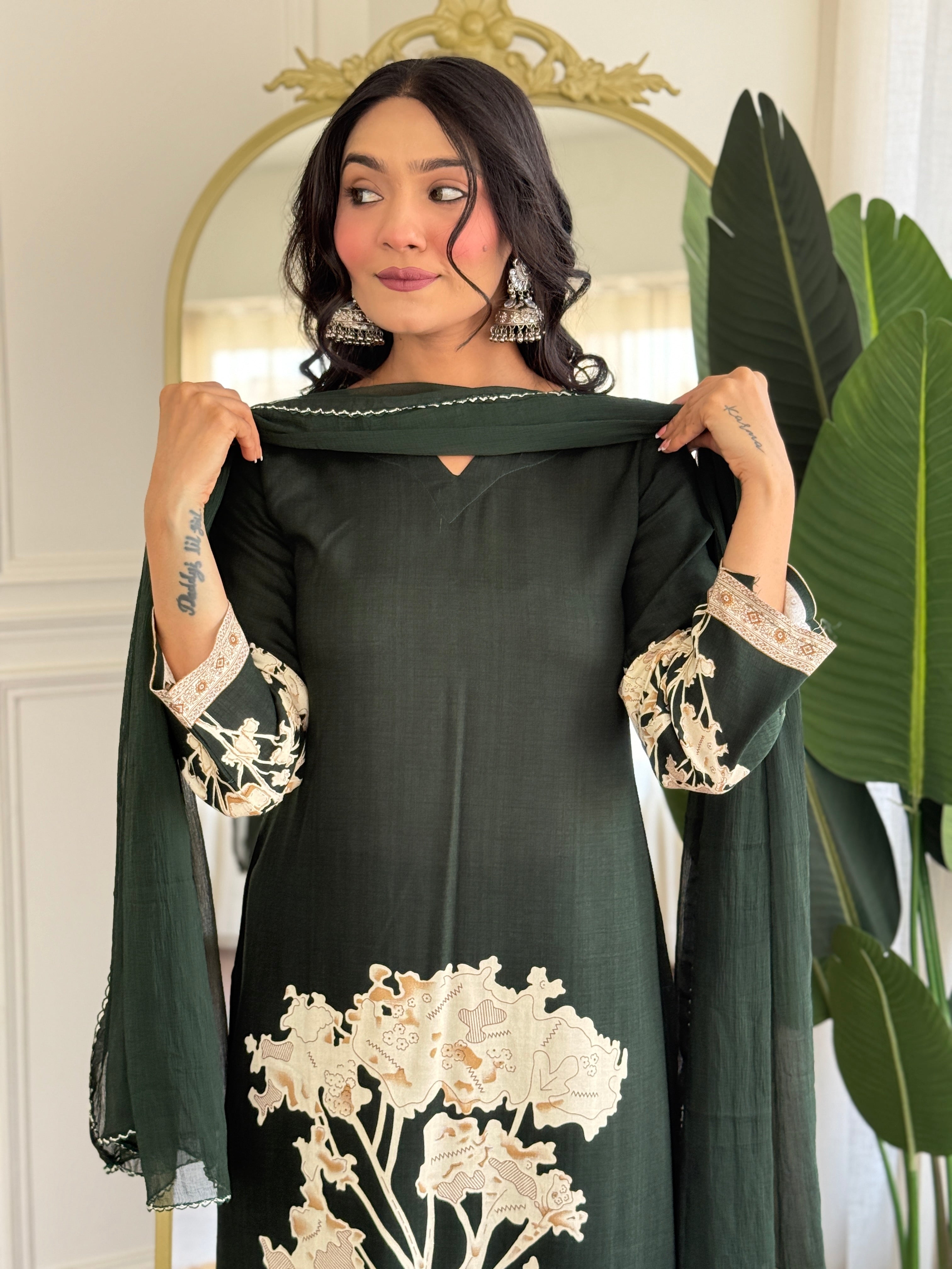 Dark Green Pure Viscose Rayon Kurta Pant with Printed