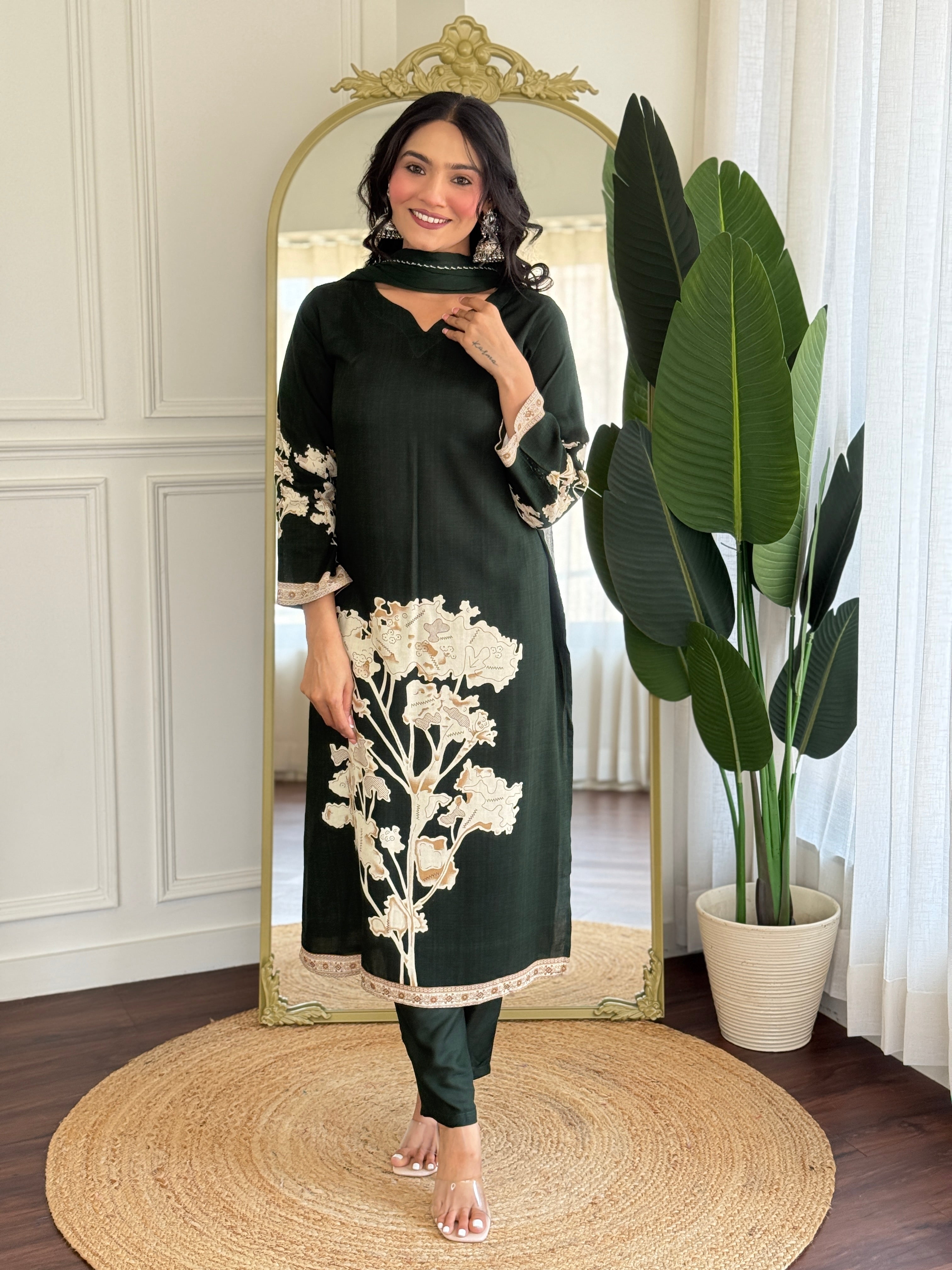 Dark Green Pure Viscose Rayon Kurta Pant with Printed