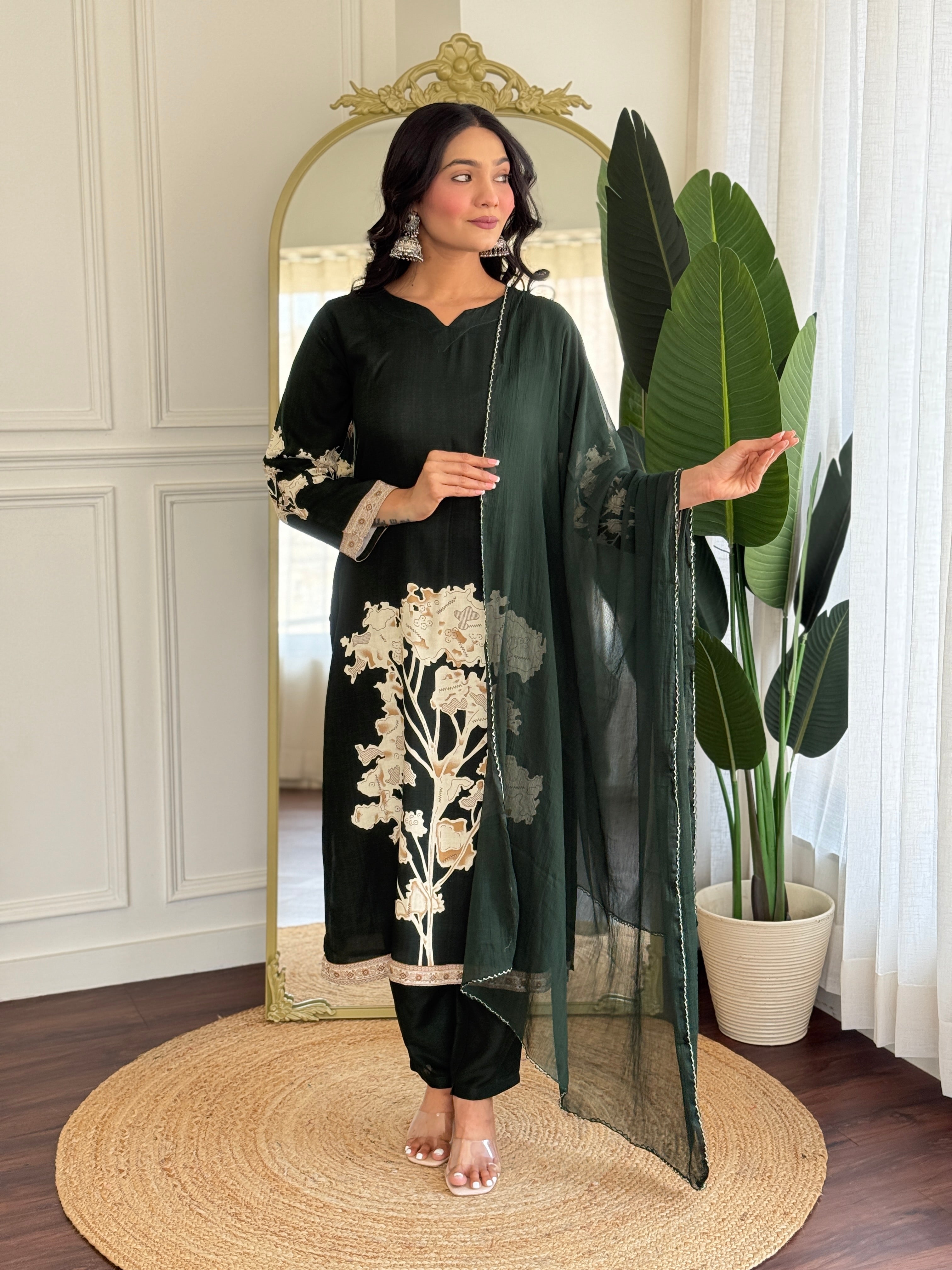 Dark Green Pure Viscose Rayon Kurta Pant with Printed