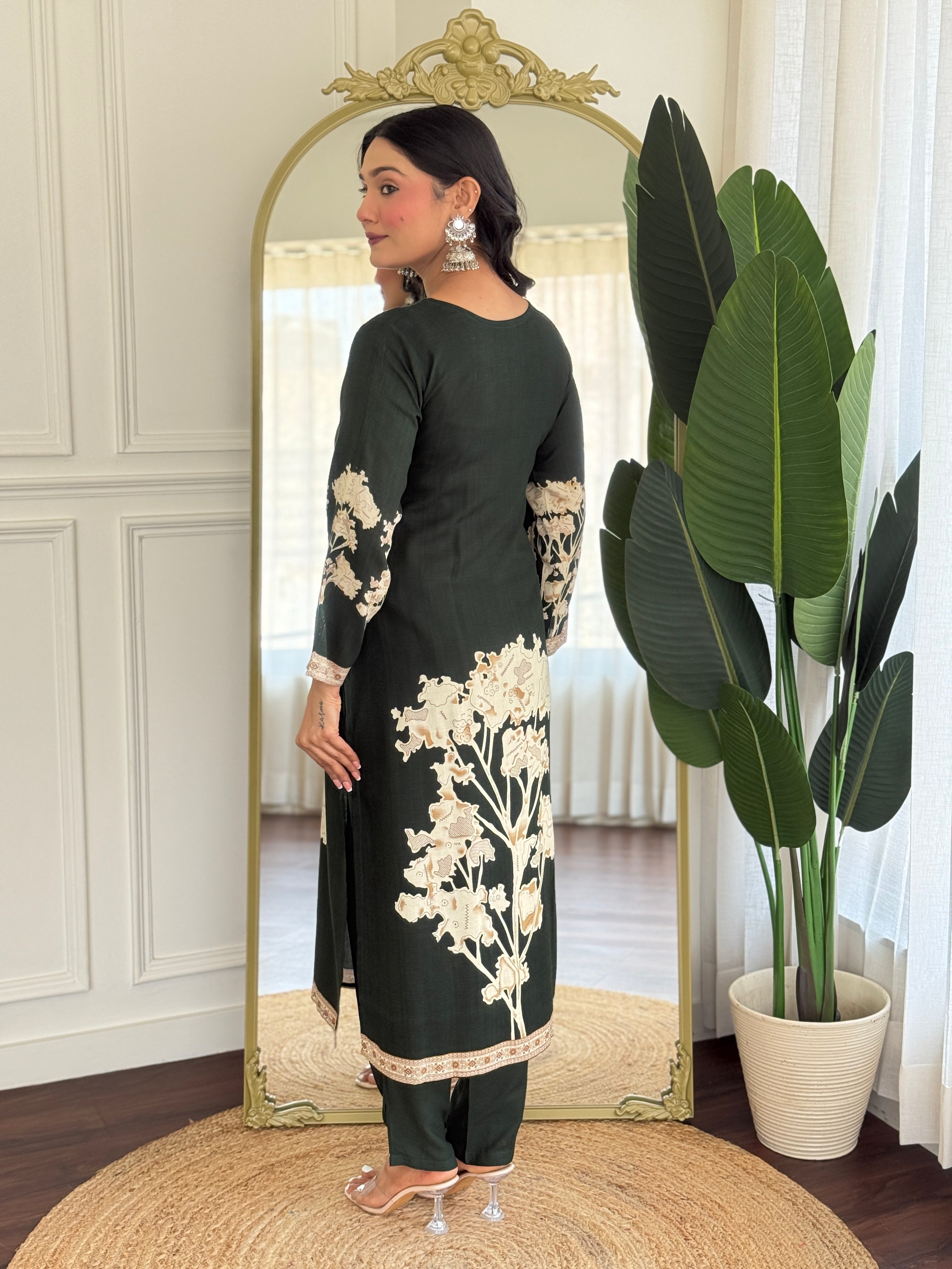 Dark Green Pure Viscose Rayon Kurta Pant with Printed