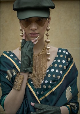 Dark Green Satin Silk Saree With  Jacquard Woven Work