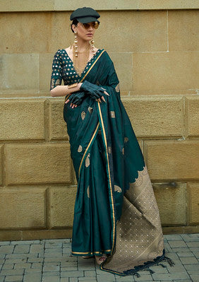 Dark Green Satin Silk Saree With  Jacquard Woven Work