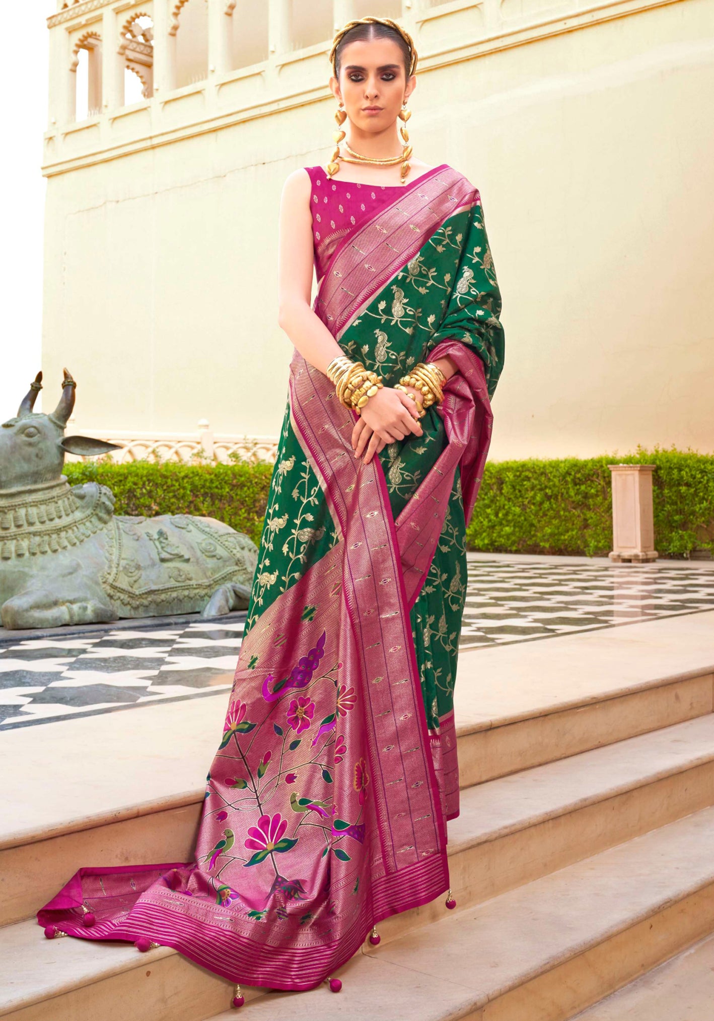 Dark Green Silk Saree With  Jacquard Woven Work