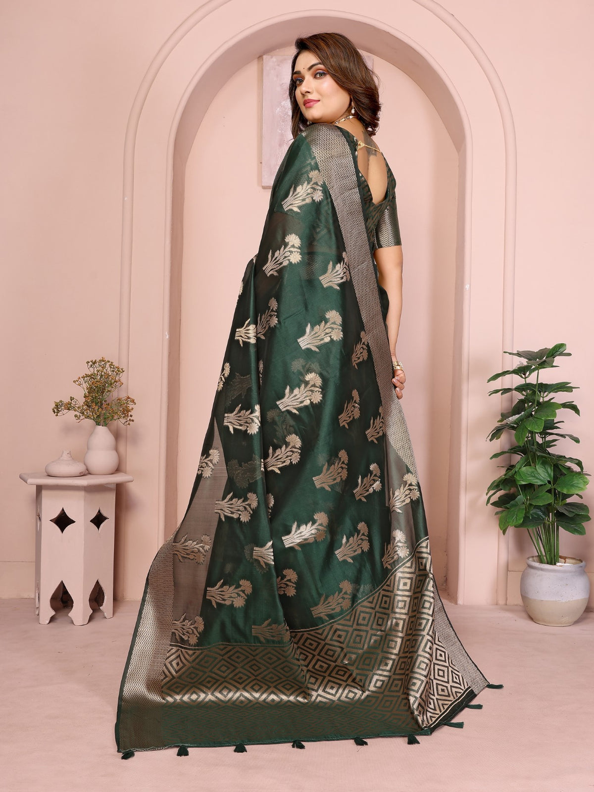 Dark Green Soft Organza Silk Saree With Elegant Weaving