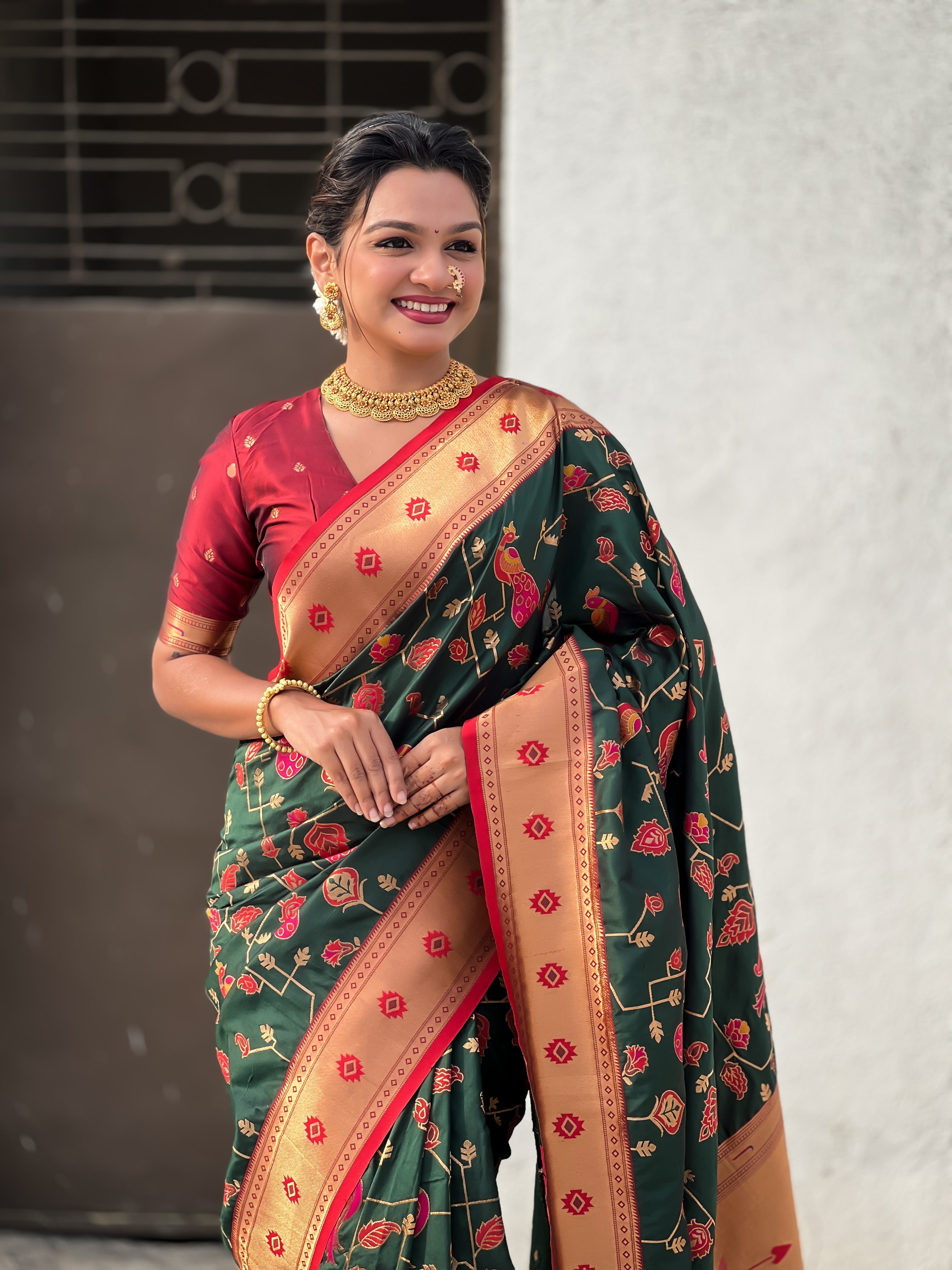Dark Green Soft Silk Fabri Woven Paithani Meenakari Designer Ceremonial Saree
