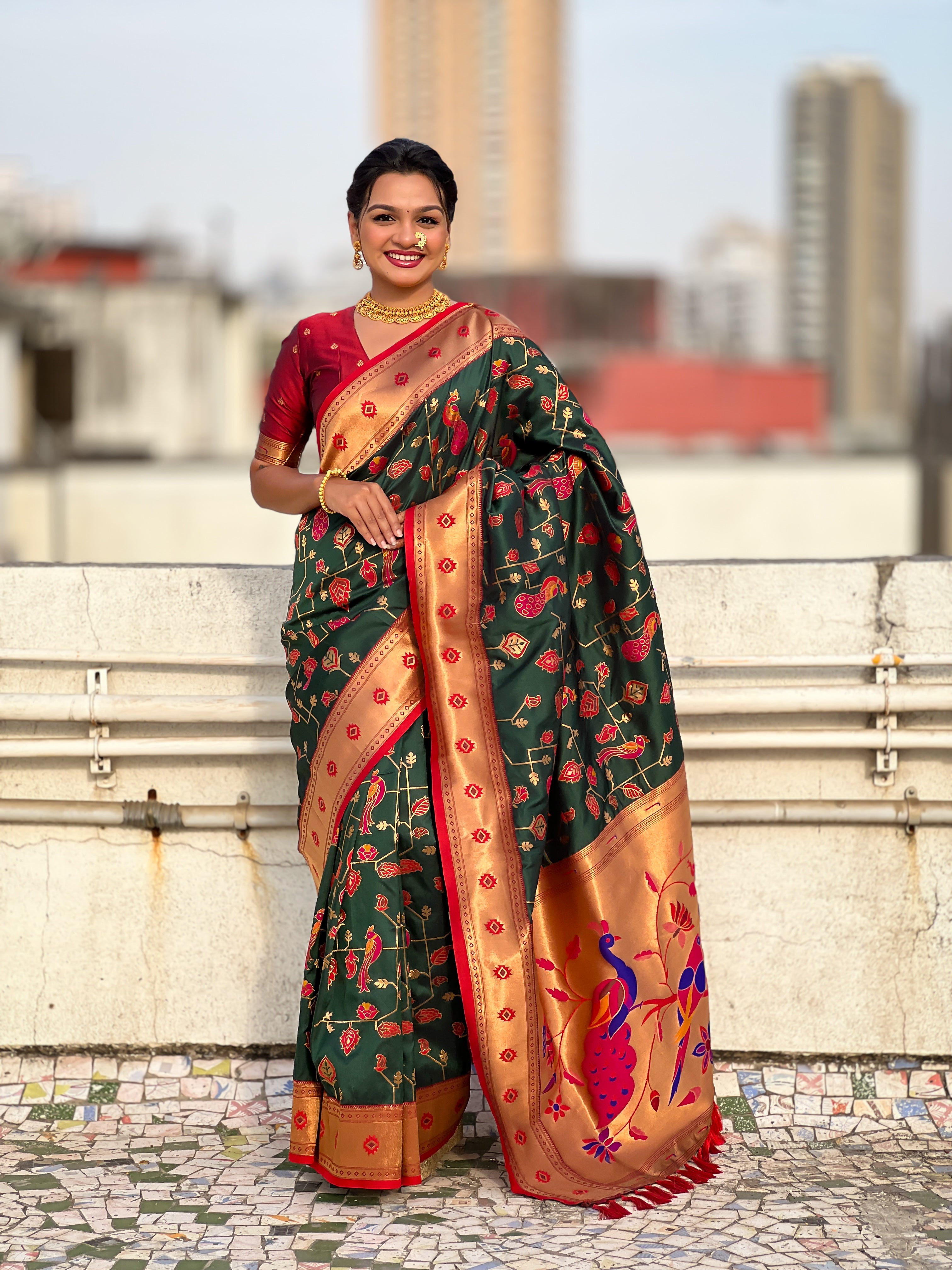 Dark Green Soft Silk Fabri Woven Paithani Meenakari Designer Ceremonial Saree