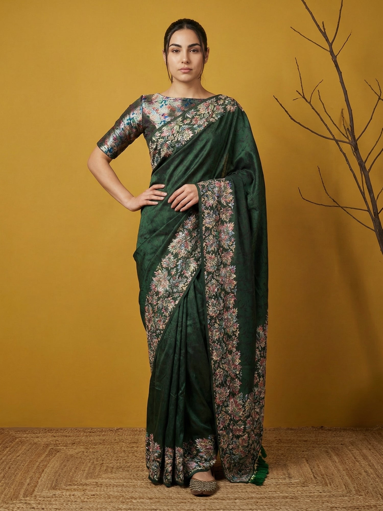 Dark Green Soft Silk Saree with Printed Woven Elegance
